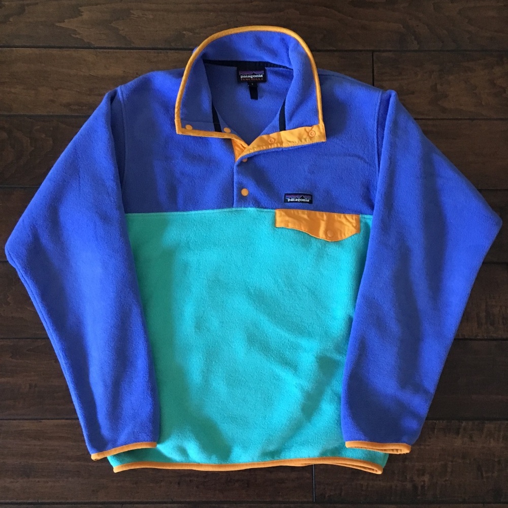 Patagonia Synchilla Color Block Fleece Sweater Pullover Popover Teal Blue Orange